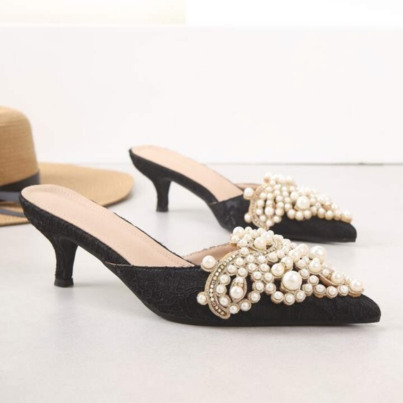 Black Faux Pearl Decor Kitten Heeled Mules - Picture 3 of 6